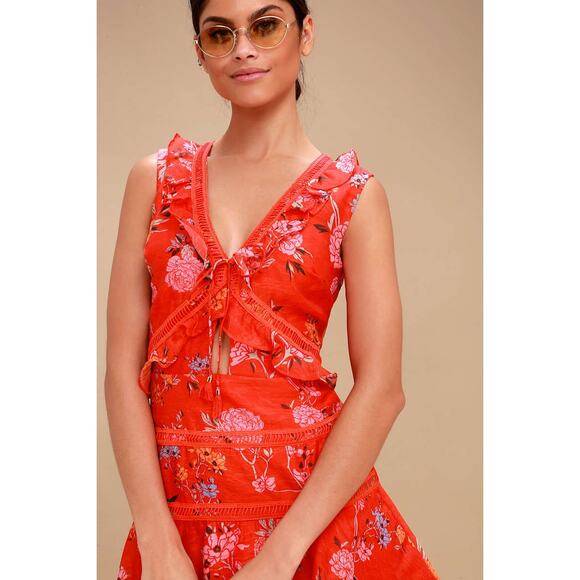 Finders Keepers Flicker Coral Red Floral Print Sleeveless Mini Dress Size Small - Picture 4 of 11